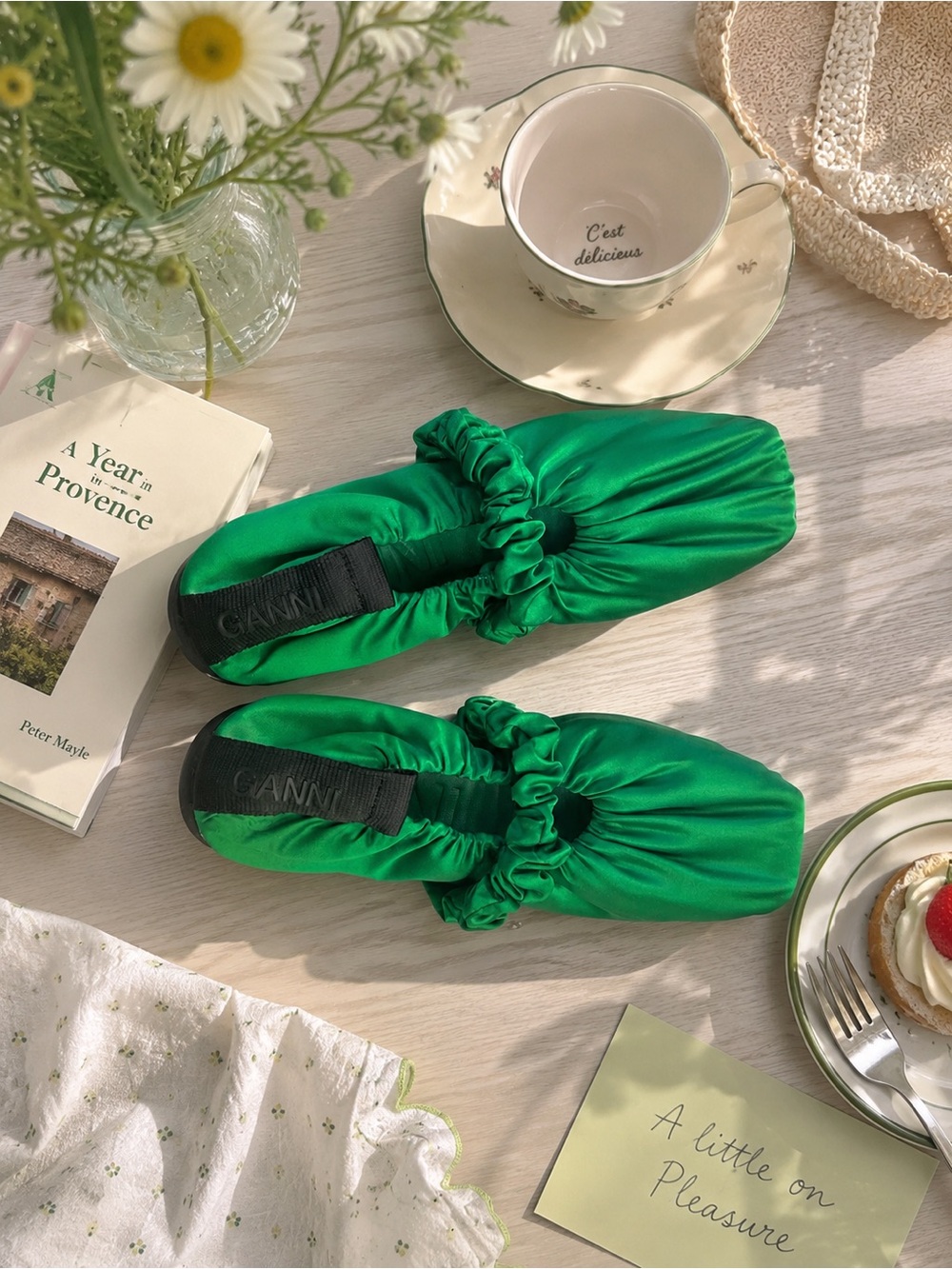 GANNI Green Satin Ruched Ballet Flats Size 38
